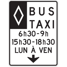 Voie réservée aux bus et taxi avec heures(2), jours et flèche