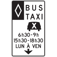 Voie réservée aux bus, taxi et covoiturage avec heures(2), jours et flèche